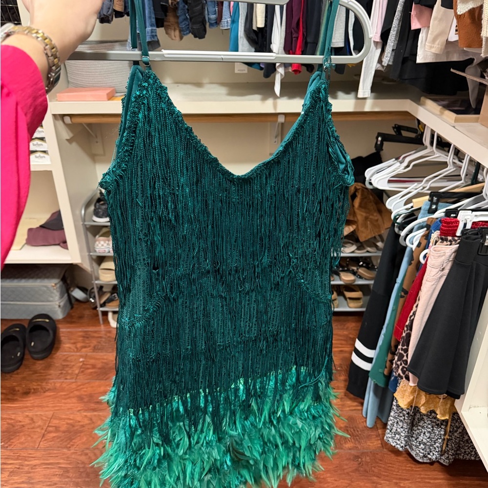 Elegant Teal Fringe Dress with Feather Accents